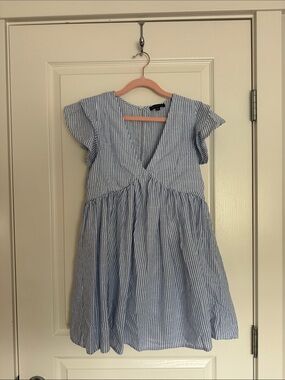 Shinestar Blue and White Striped V-Neck Casual Dress